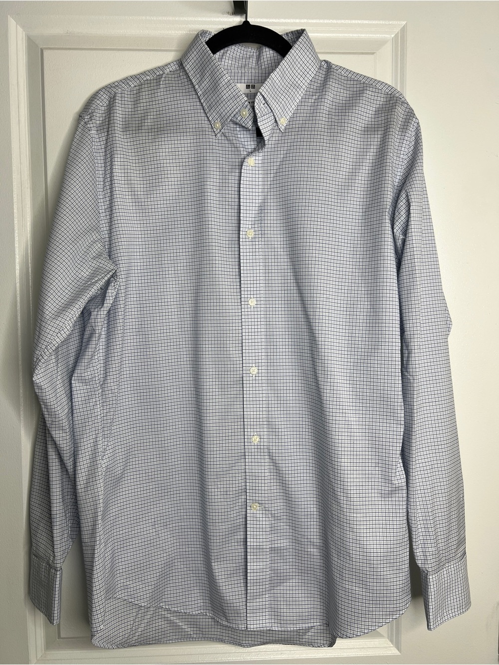 Uniqlo Slim Fit Button Down Shirt Large Blue Check Cotton Spandex